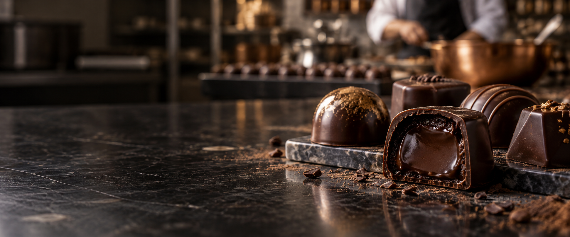 Beautiful handcrafted dark chocolates with one cut open showing a soft fondant centre, polished confectionery workbench and artisan production softly behind